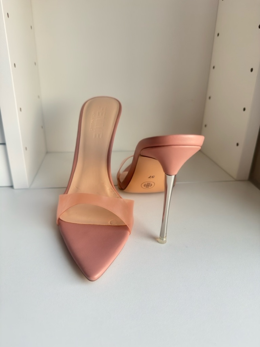 La Femme Mauve and Peach Pointed Toe Slide Mules with Translucent Strap - Picture 5 of 5